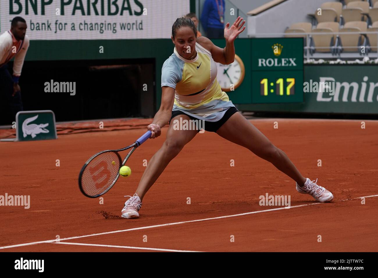 Professional tennis player Madison Keys of United States in action during her round 4 match at Roland Garros 2022 in Paris, France Stock Photo