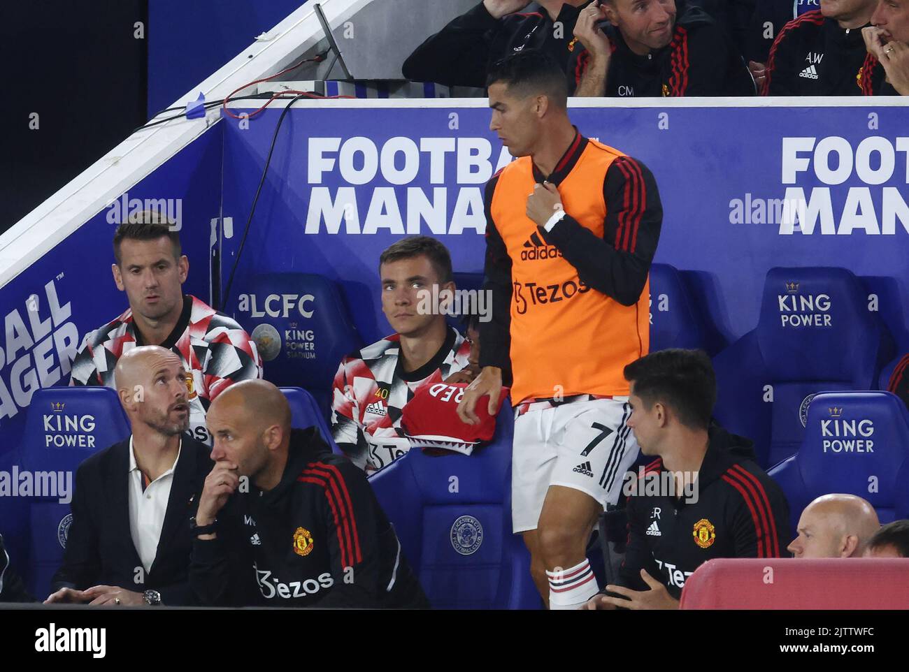 Leicester, England, 1st September 2022.  Erik ten Hag manager of Manchester United gives Cristiano Ronaldo of Manchester United the nod to come off the bench during the Premier League match at the King Power Stadium, Leicester. Picture credit should read: Darren Staples / Sportimage Stock Photo