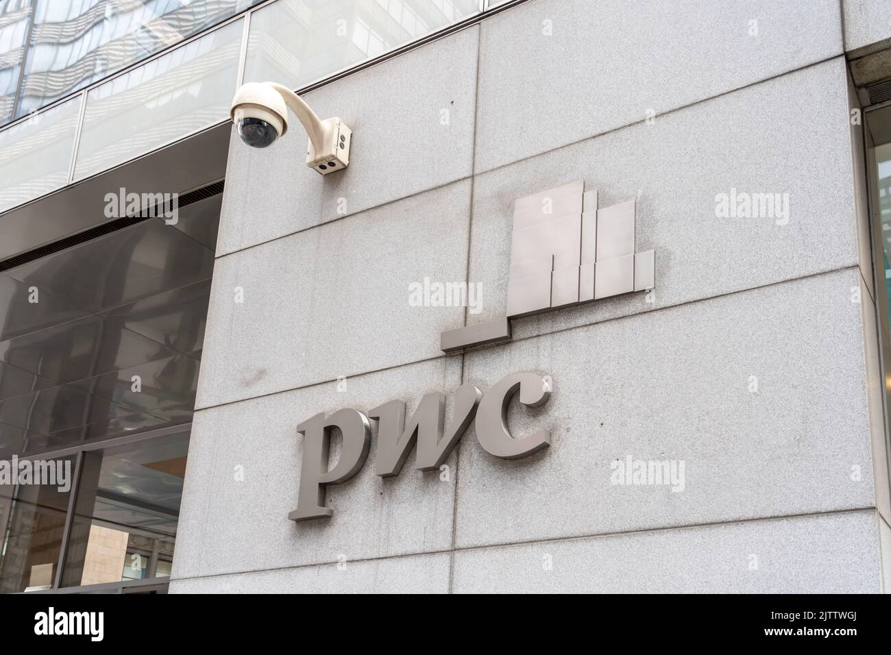 New York City, USA - August 22, 2022: PricewaterhouseCoopers (PwC) logo on its office building on Madison Ave. in New York City. Stock Photo