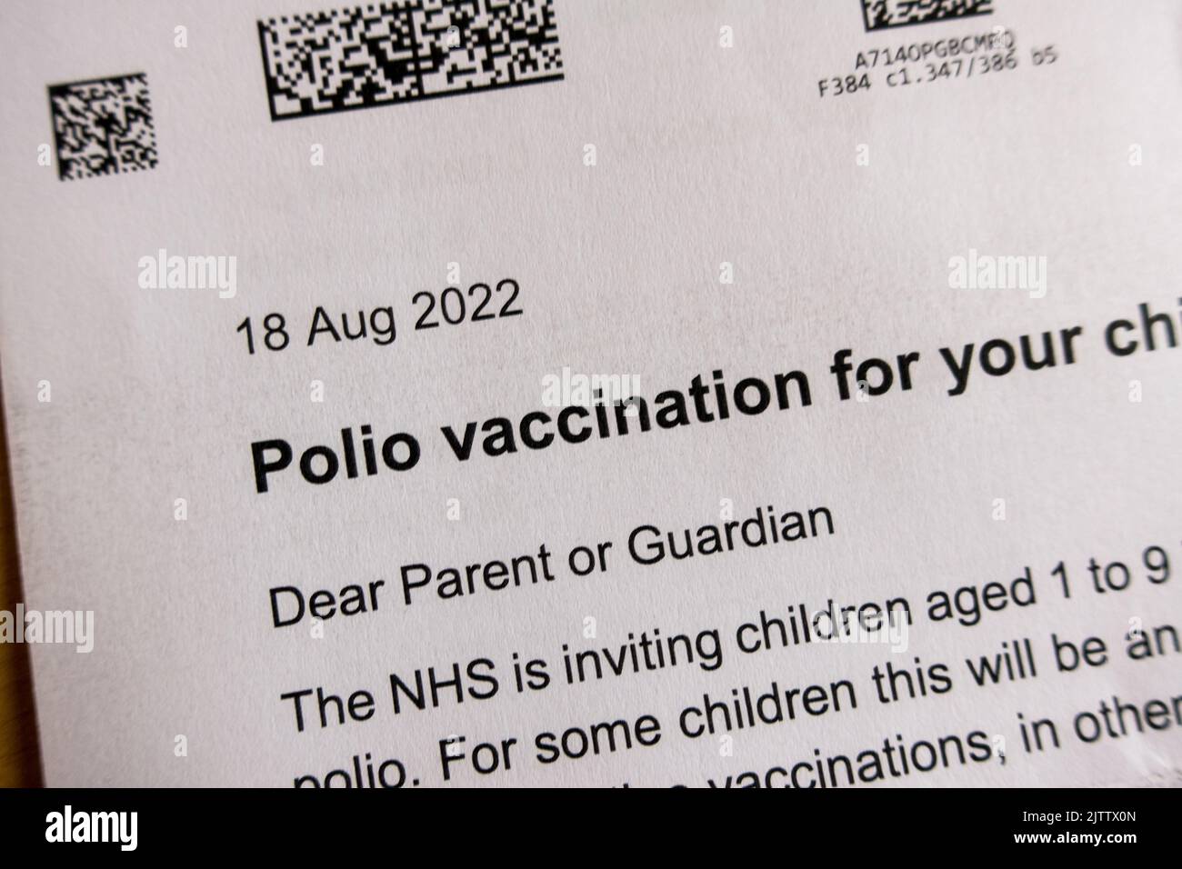 Polio Vaccination letter London 2022 Stock Photo