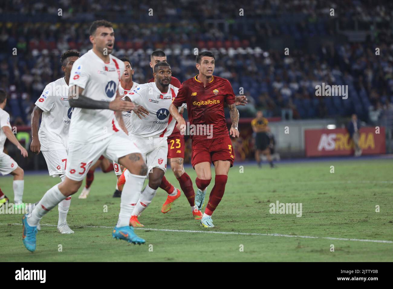 Rome, Italy. 30th Aug, 2022. At Stadio Olimpico of Rome, As Roma beat Monza 3-0 for the 4th game of Italian Serie A 2022 - 2023 In this picture: Roger Ibanez and Santos Da Silva (Photo by Paolo Pizzi/Pacific Press) Credit: Pacific Press Media Production Corp./Alamy Live News Stock Photo