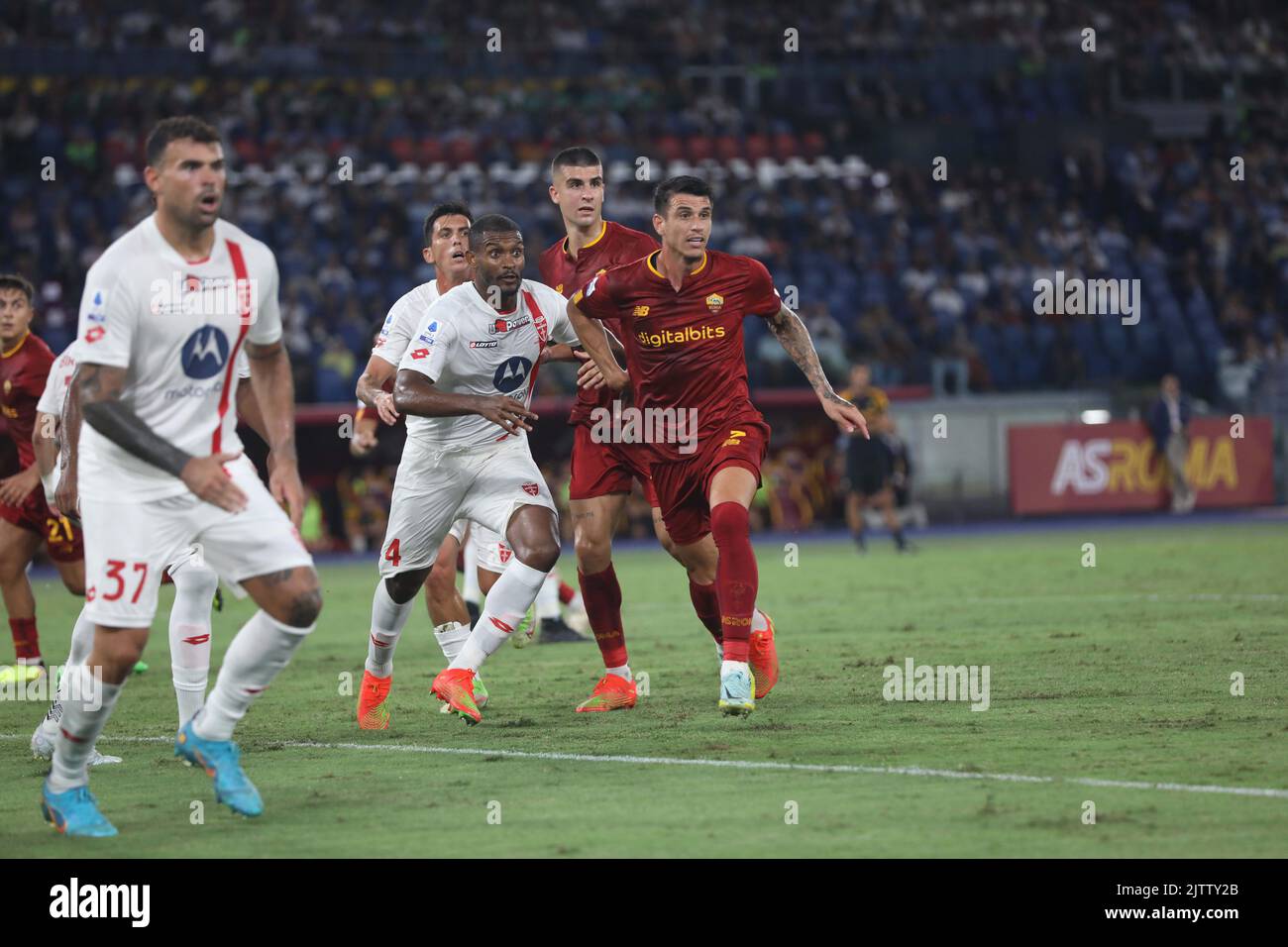 Rome, Italy. 30th Aug, 2022. At Stadio Olimpico of Rome, As Roma beat Monza 3-0 for the 4th game of Italian Serie A 2022 - 2023 In this picture: Roger Ibanez and Santos Da Silva (Photo by Paolo Pizzi/Pacific Press) Credit: Pacific Press Media Production Corp./Alamy Live News Stock Photo