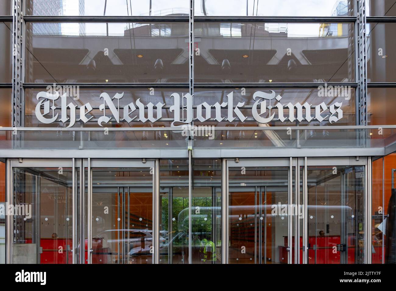 New York, NY, USA - August 20, 2022: The entrance to New York Times Company headquarters in New York, NY, USA. Stock Photo