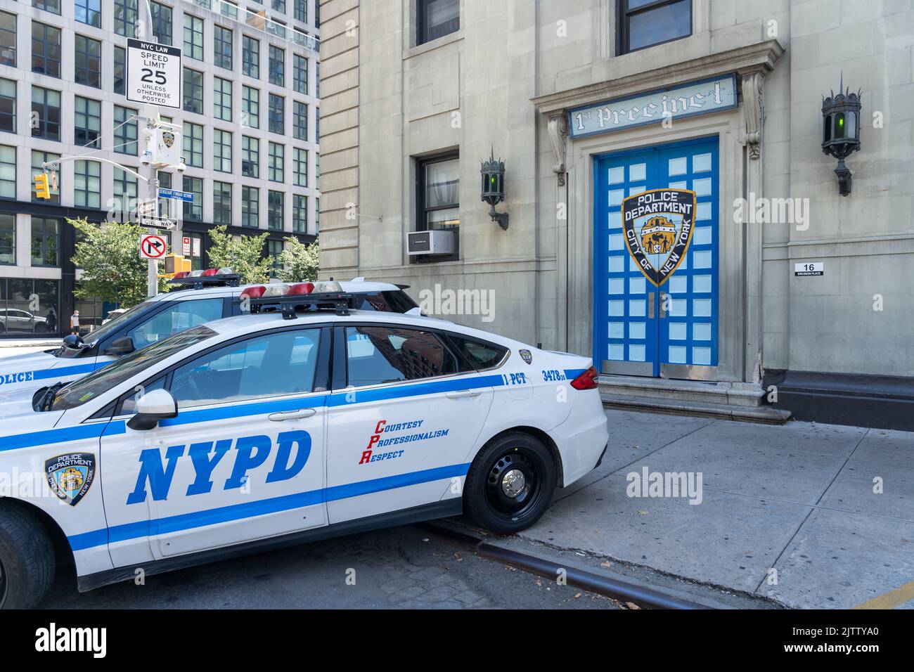 New York City, NY, USA - August 20, 2022: Two Police cars at the 1st Precinct Police Station in New York City, USA Stock Photo