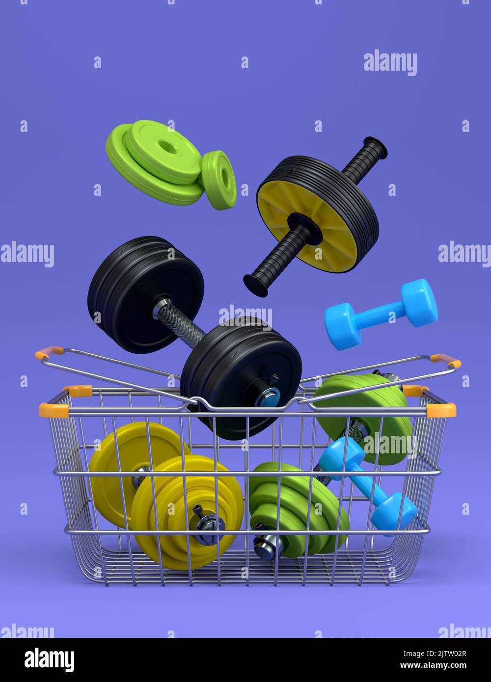 Sport equipment for fitness, gym, crossfit in shopping basket on violet ...