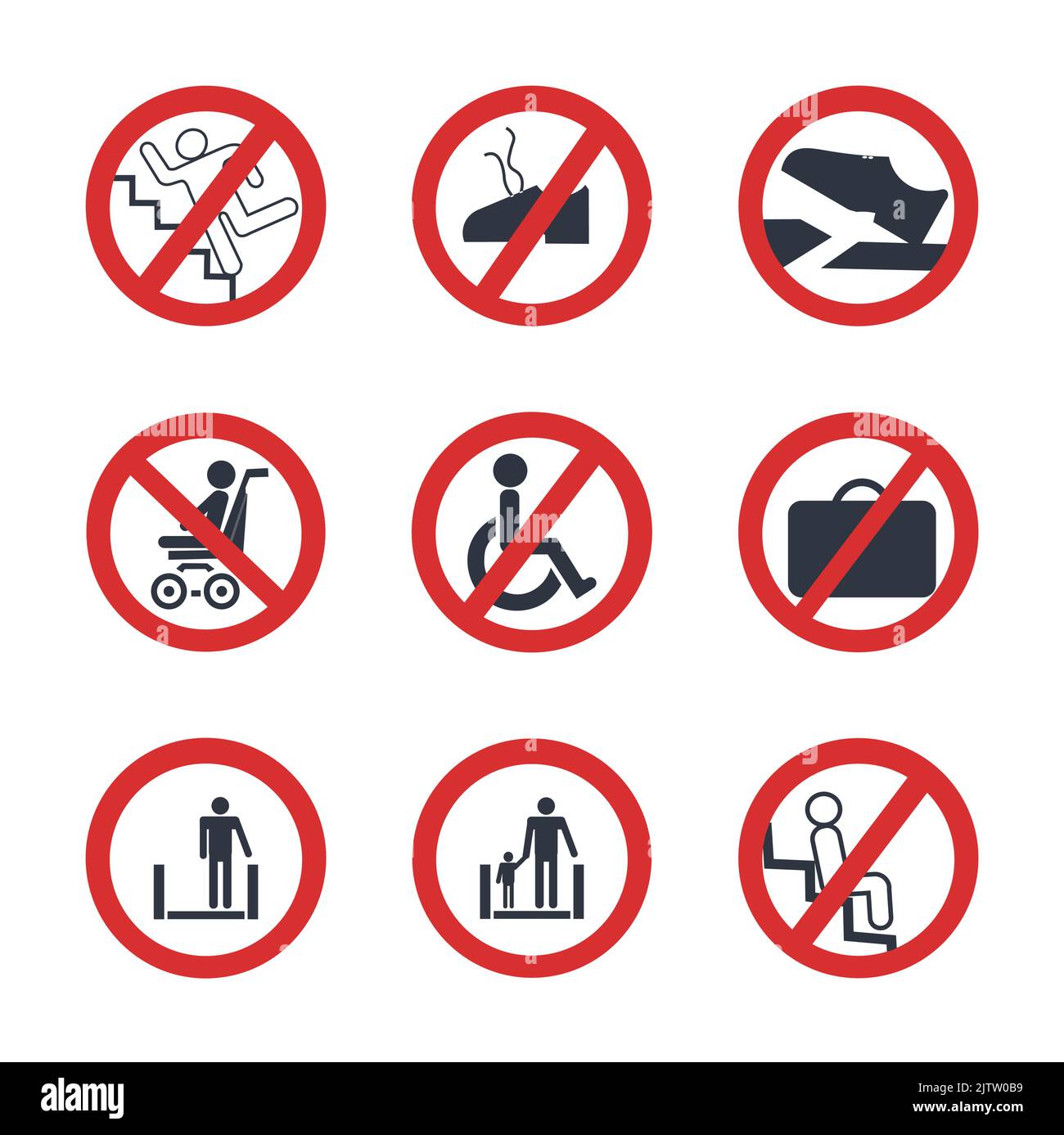 Set of accident prevention signs on escalators. Stock Vector