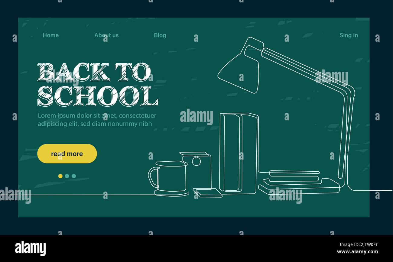 landing page template with globe, glasses and stack of textbooks.Back to school landing page template. Outline web banner on white backdrop. Vector outline illustration. Concept website page. Stock Vector