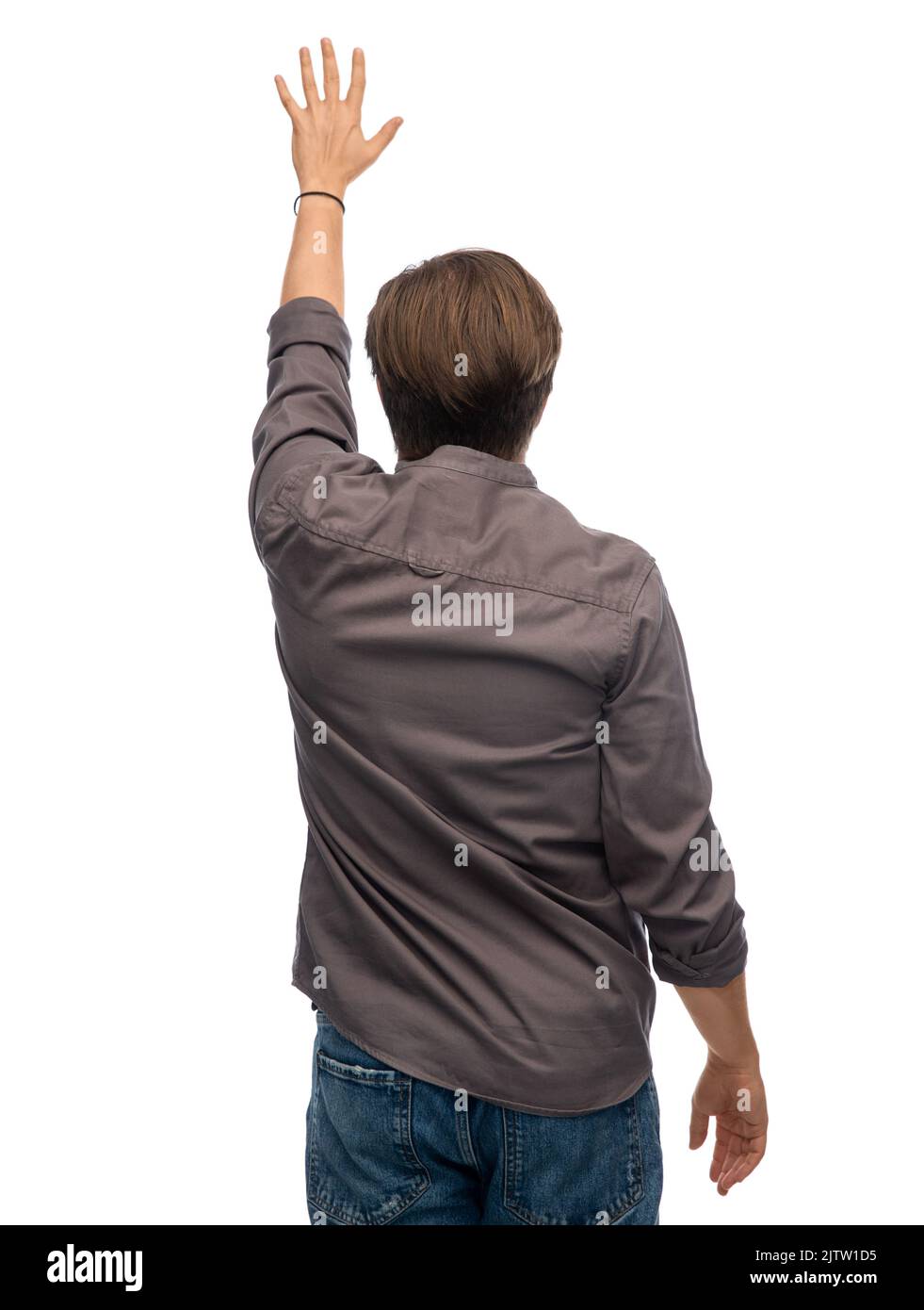 man with raised hand showing stop gesture Stock Photo Alamy