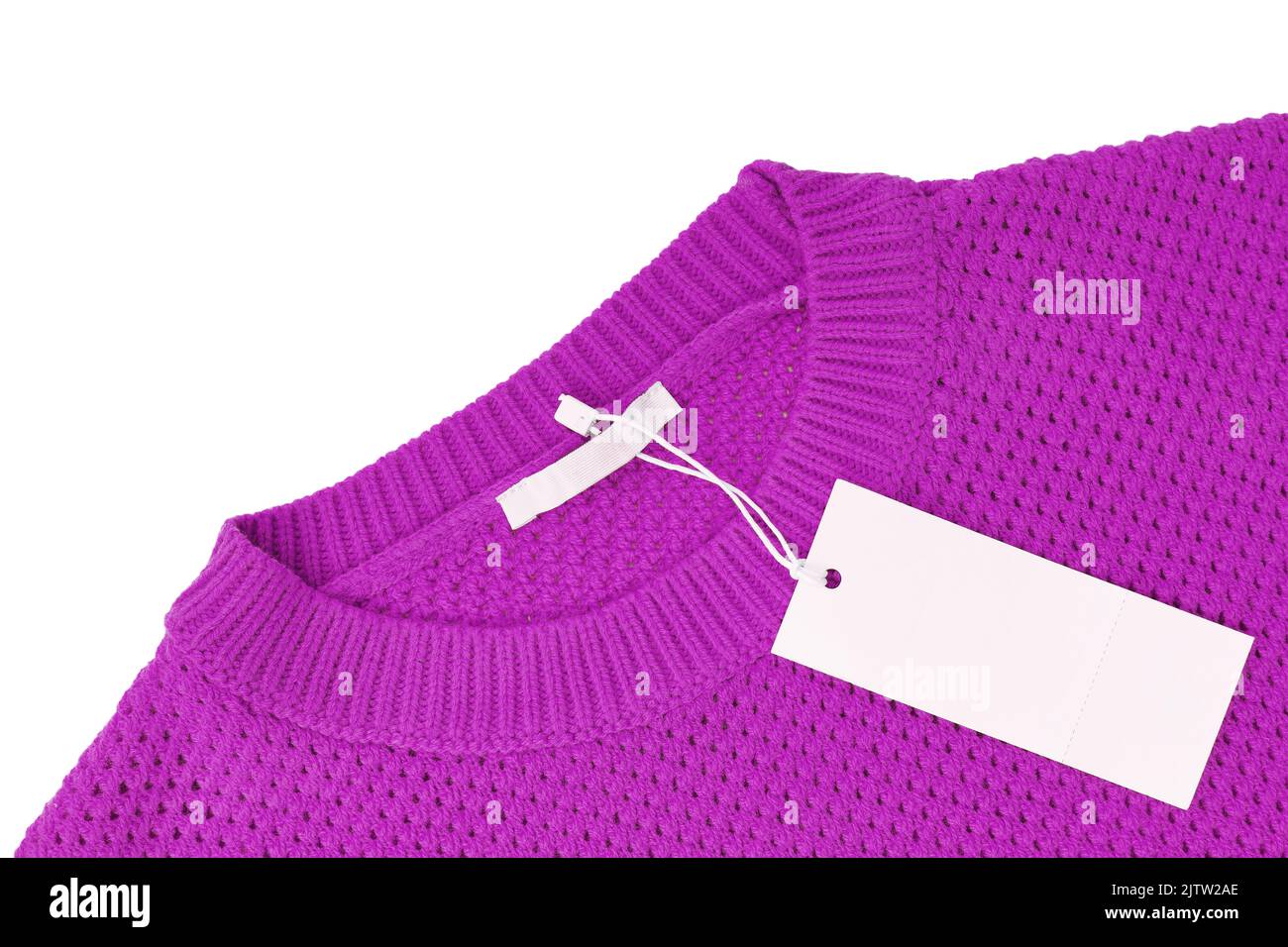 White blank rectangular clothing tag, label mockup template on purple