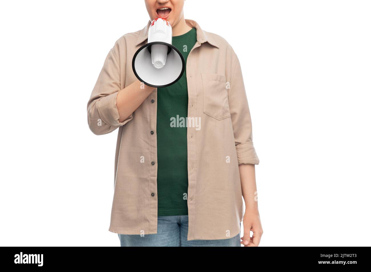woman with megaphone protesting on demonstration Stock Photo