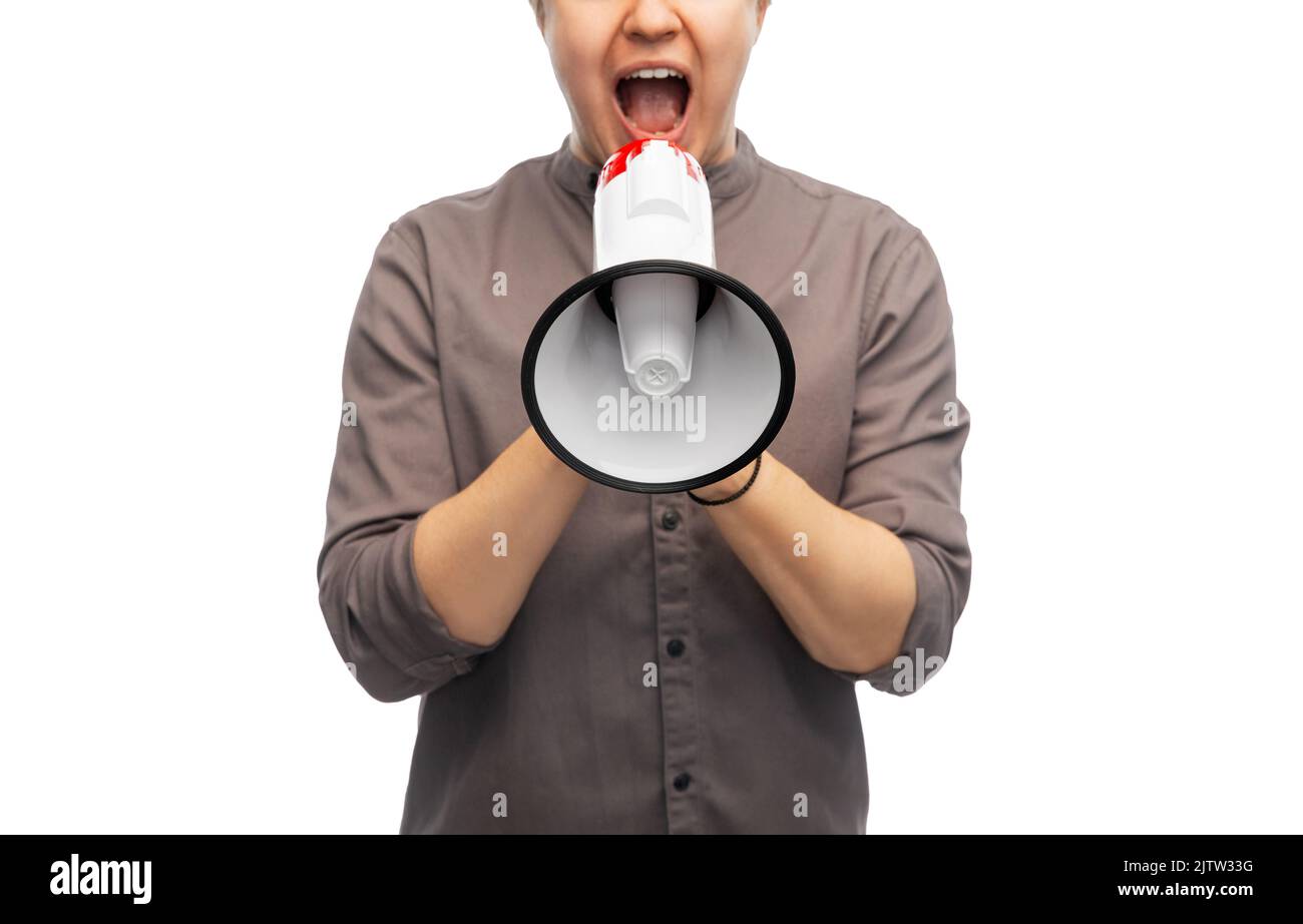 man with megaphone protesting on demonstration Stock Photo
