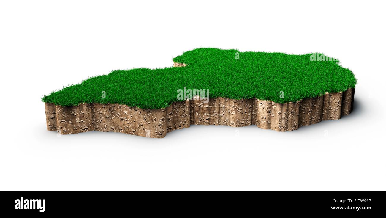 A 3d map of Uganda soil land geology cross section with green grass and Rock ground texture Stock Photo