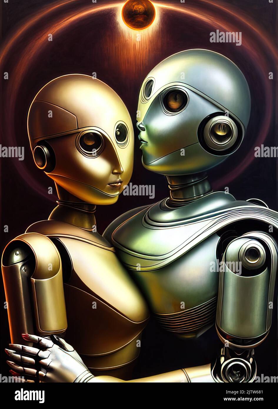 Humanoid androids robots couple embrace each other Stock Photo