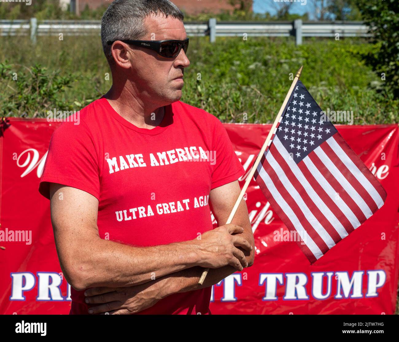 A counter protester wearing a 