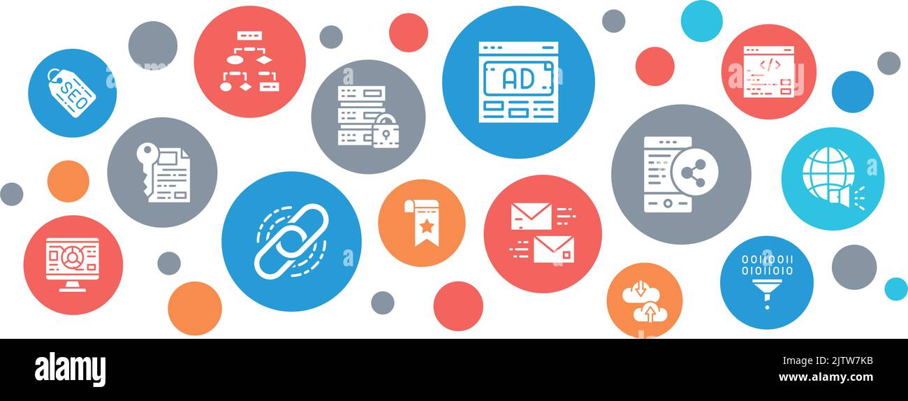 SEO landing page layout. Bookmark, Hosting, Hyperlink, Advertisement, Data Transfer web banner concept. Stock Vector