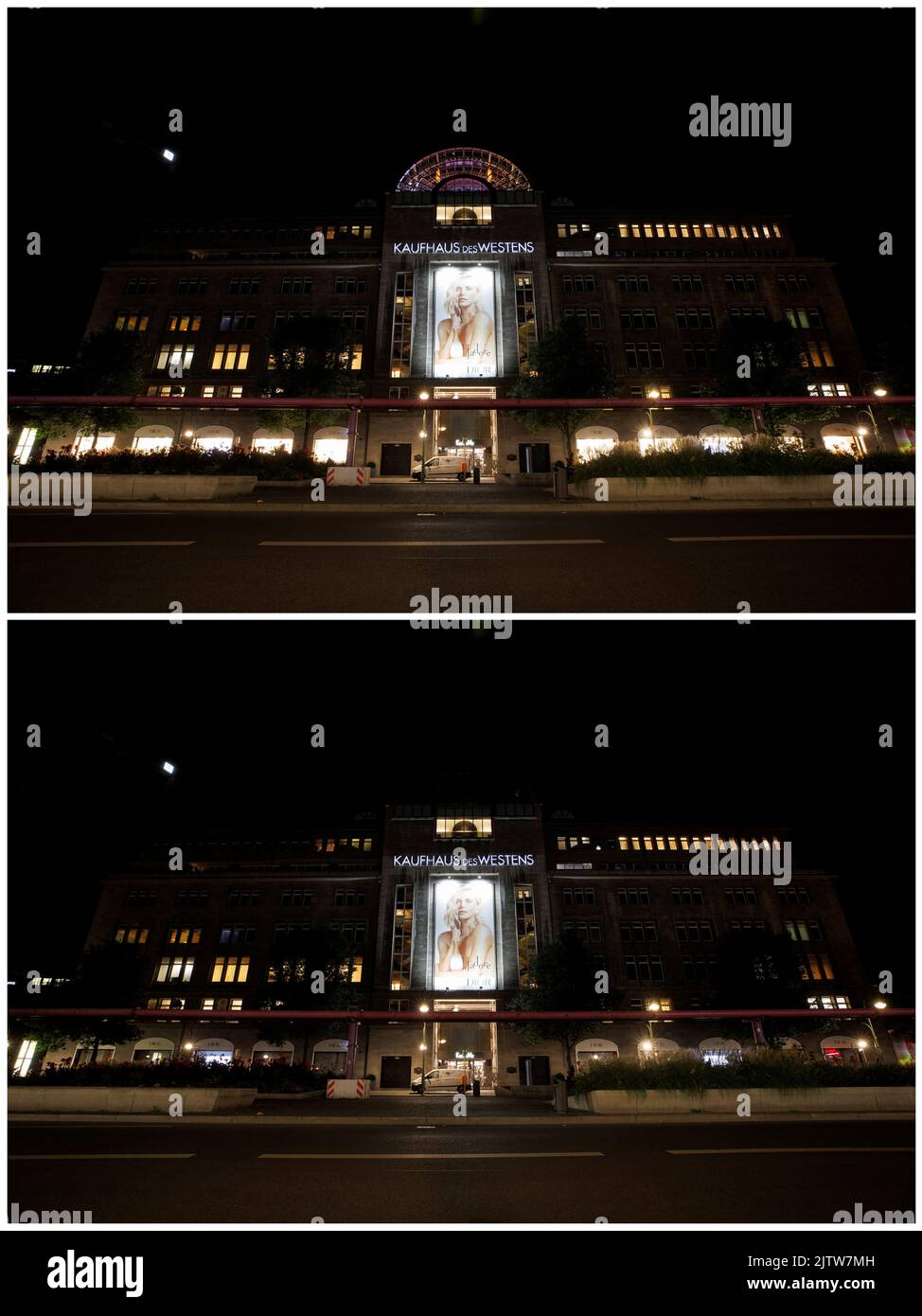 A combination photo shows department store Kaufhaus des Westens, 'KaDeWe', before and after reducing storefront illumination to save energy due to Russia's invasion of Ukraine in Berlin, Germany September 1, 2022. REUTERS/Lisi Niesner Stock Photo