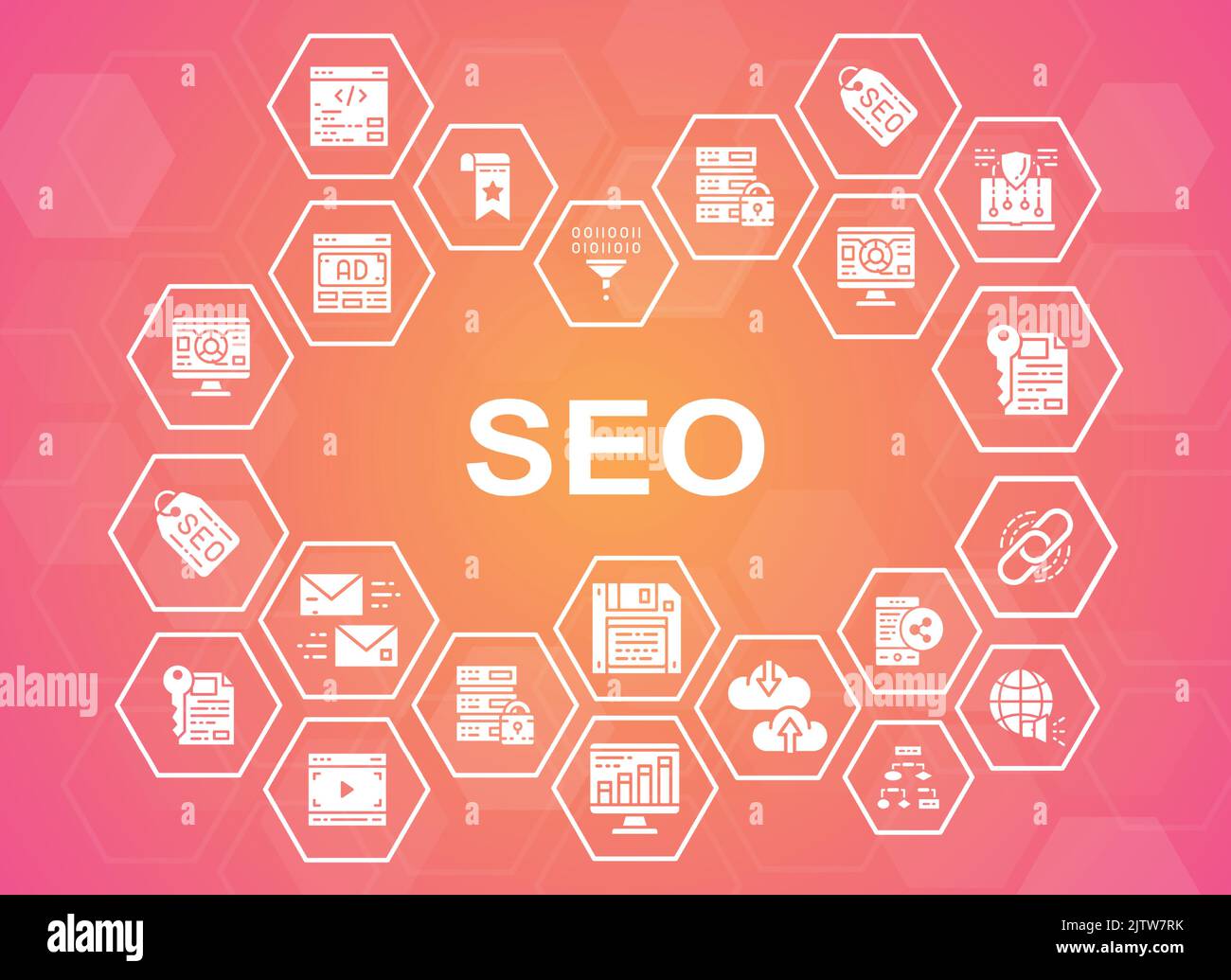 SEO promotion icons banner. Bookmark, Hosting, Hyperlink, Advertisement ...