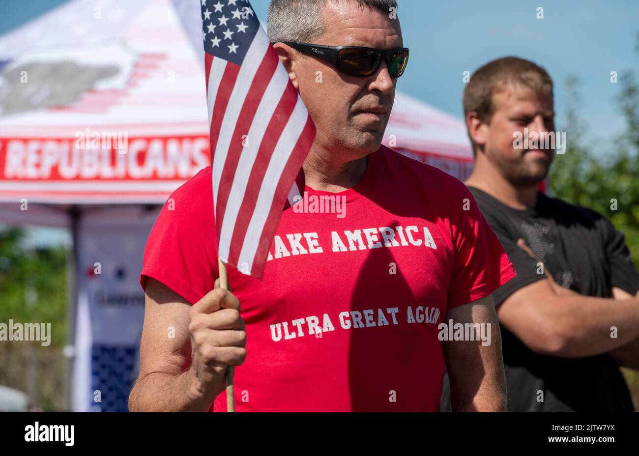 A counter protester wearing a 