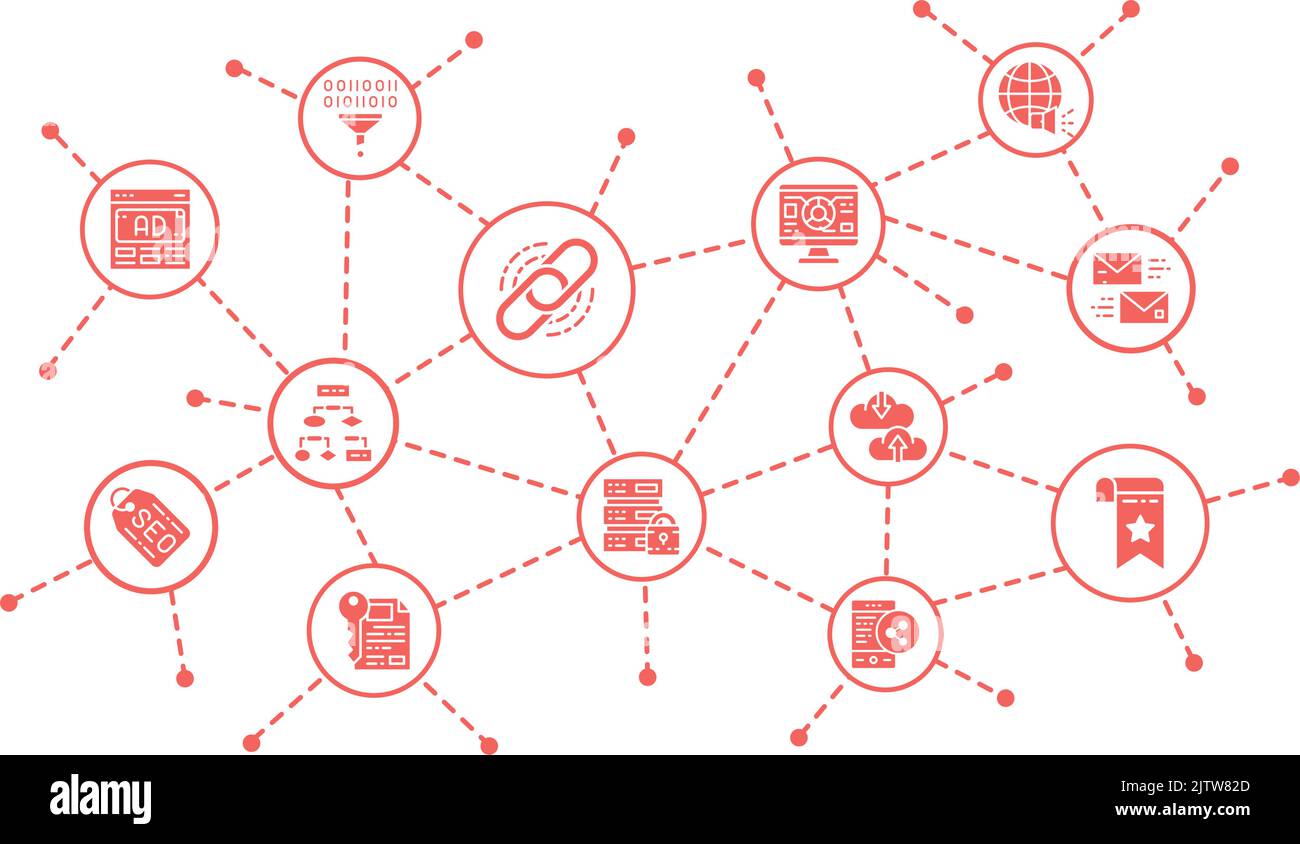 SEO business infographic with thin line icons. Bookmark, Hosting, Hyperlink, Advertisement, Data Transfer illustration design template. Stock Vector
