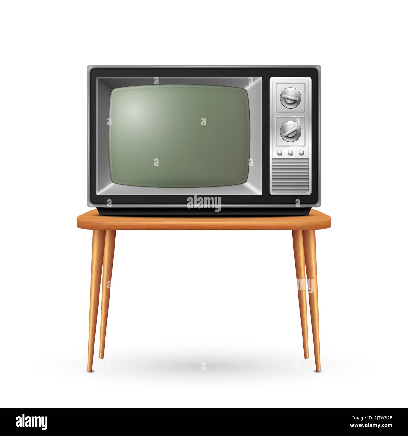 Vector 3d Realistic Retro TV Receiver on a Wooden Table Stand Closeup Isolated on White. Vintage TV Set. Television, Front View Stock Vector