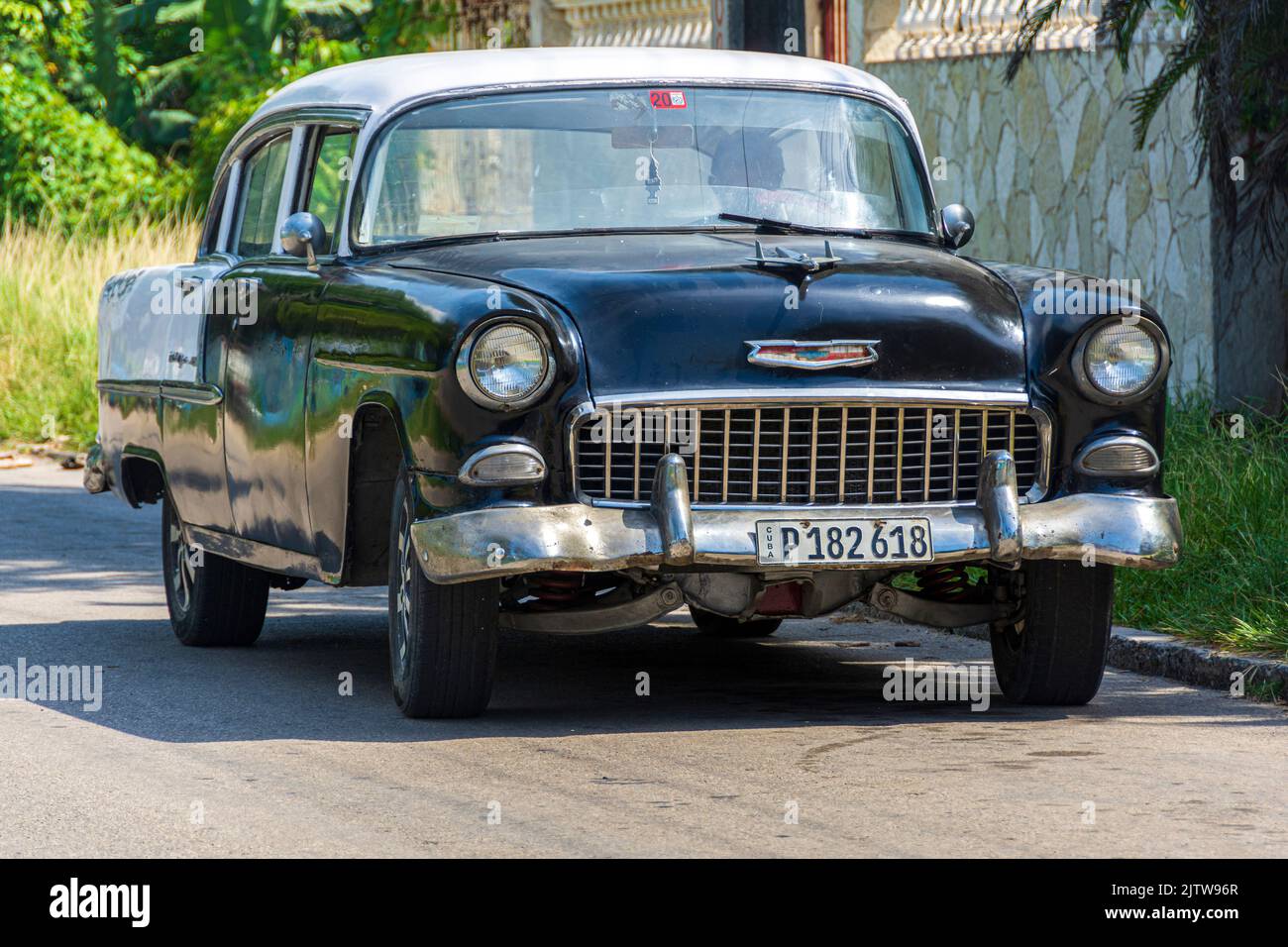A black and white, vintage car from the 1950's, Havana, Cuba. Stock Photo