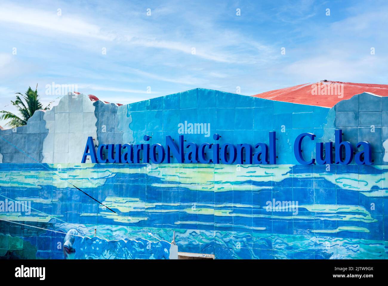 The sign for the Aquario Nacional de Cuba translated in English as 'Cuba's National Aquarium.' Stock Photo