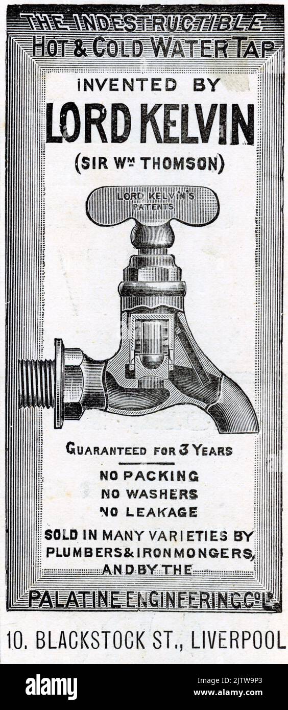 advertisement for an indestructible tap made by Lord Kelvin, published in an English newspaper. February 1896 Stock Photo