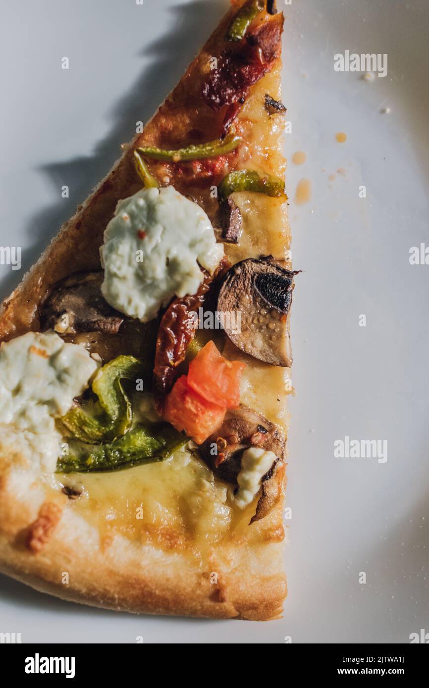 goat cheese sun dried tomato green pepper mushroom pizza on white plate