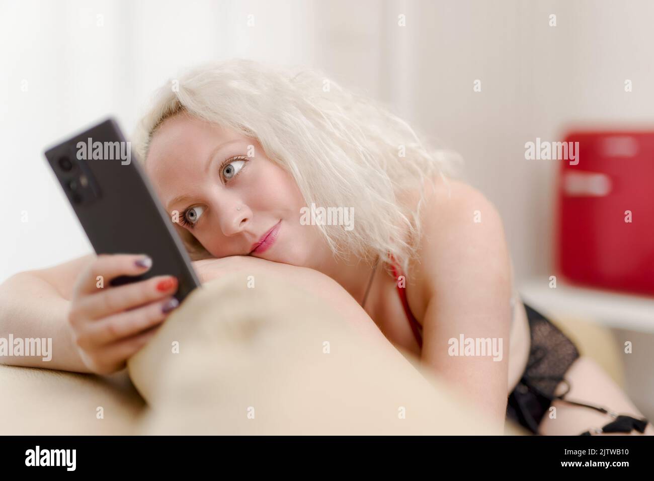 Blond woman work from home Stock Photo