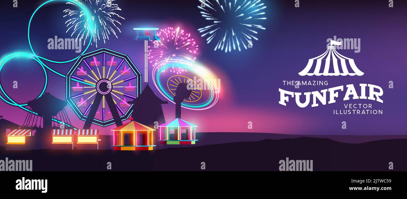 Ciricus and funffair event with rides glowing at night and fireworks in the distance. Vector illustration. Stock Vector