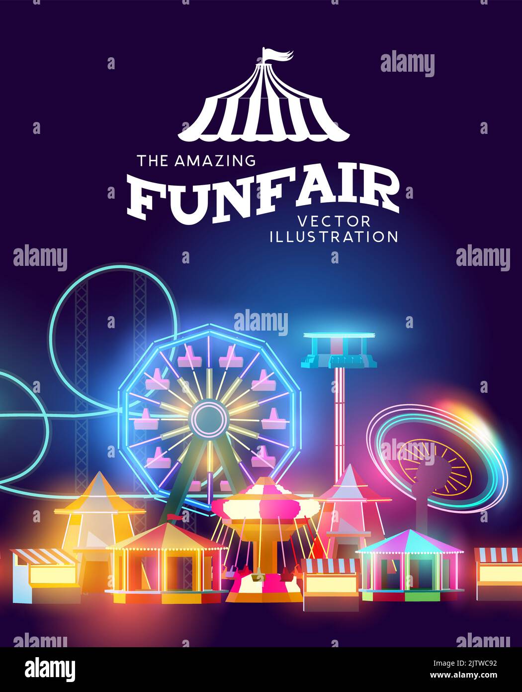 Fairground and amusement park with rides and attractions. Vector illustration Stock Vector