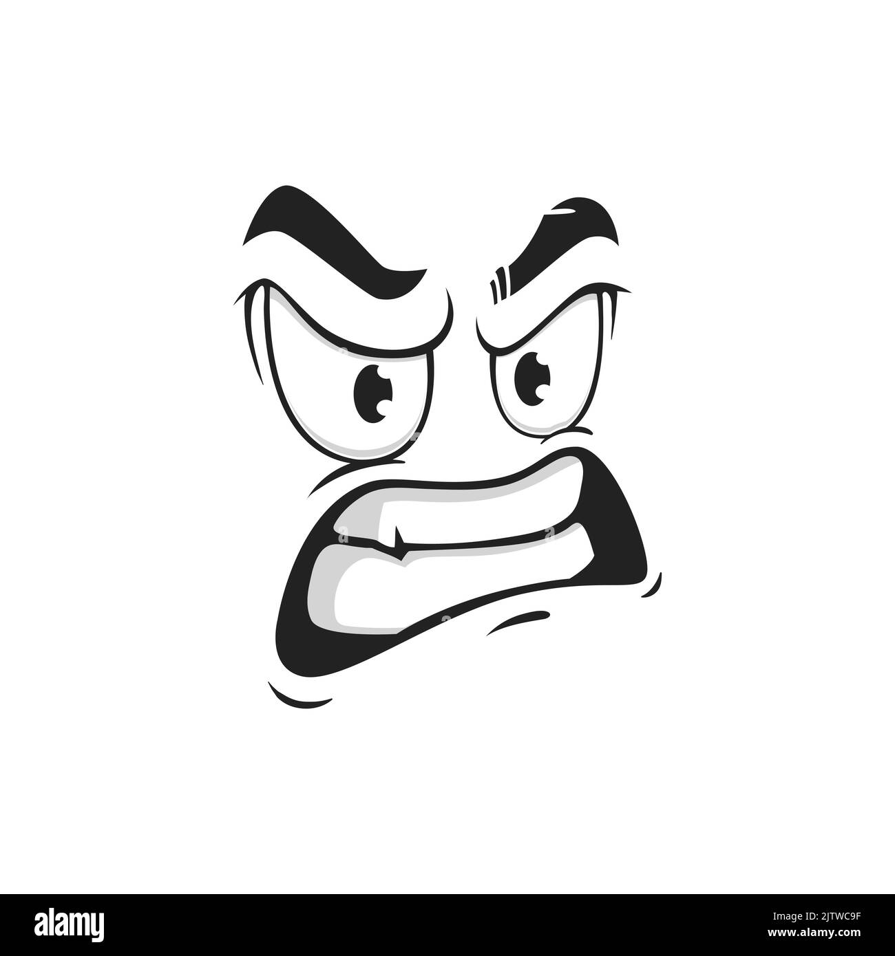 Cartoon face with gnash teeth, vector angry emoji with evil eyes. Negative facial expression, wicked feelings, comic face with furrowed brows and toothy mouth isolated on white background Stock Vector