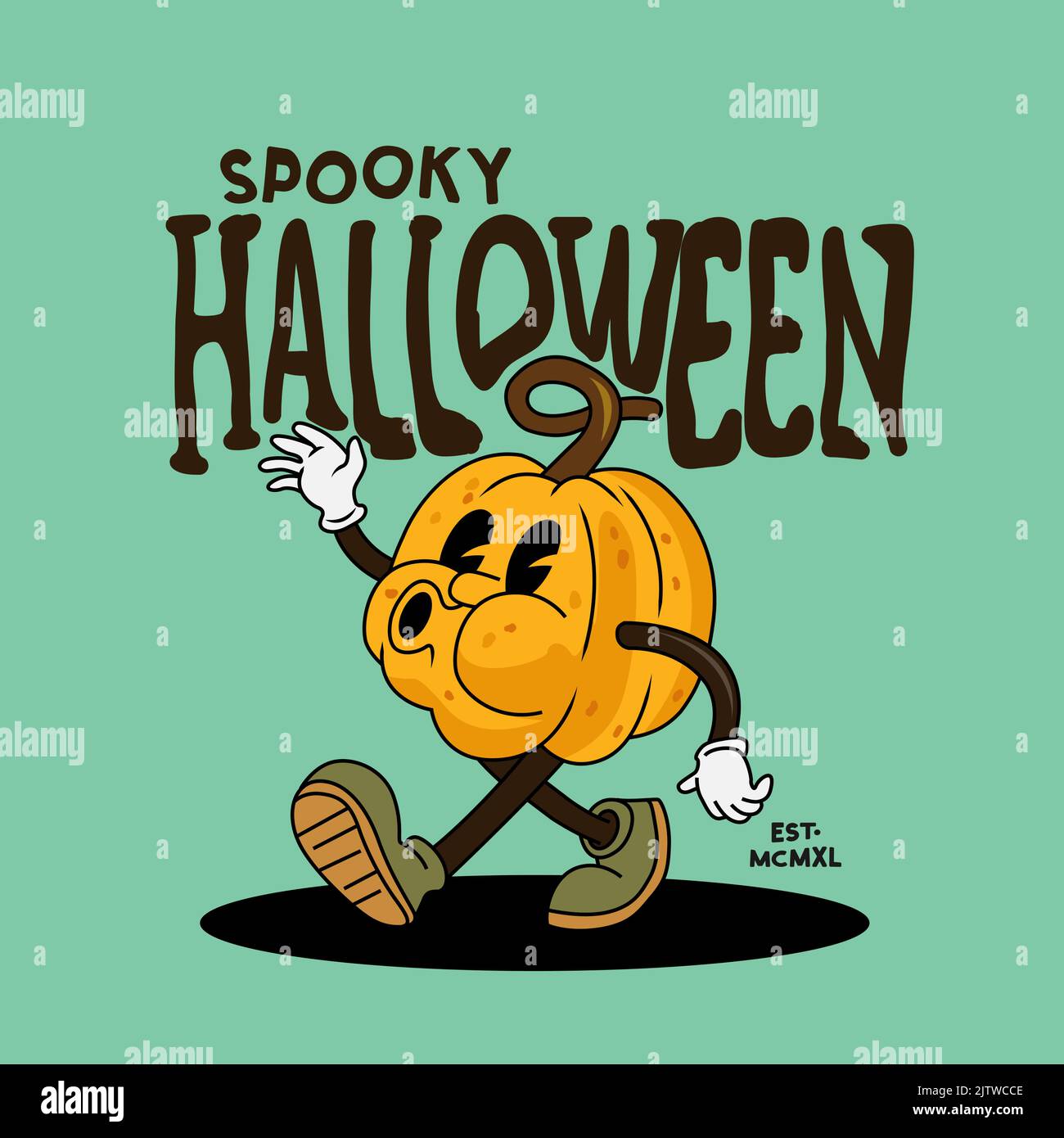 Happy Halloween! A vintage whistling pumpkin character walking into halloween. Vector illustration Stock Vector