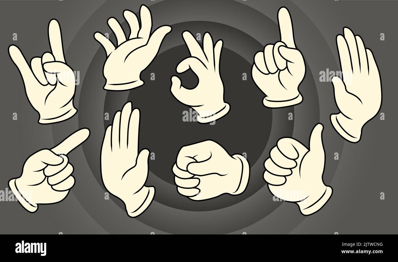 A set of various hand gestures, vintage cartoon style. Vector illustration. Stock Vector
