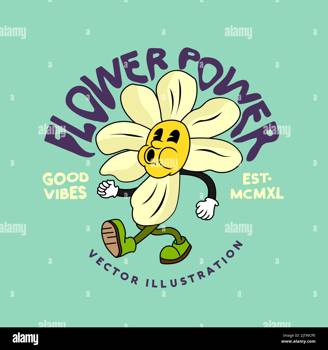 A vintage psychedelic flower character walking and whistling. Vector illustration Stock Vector
