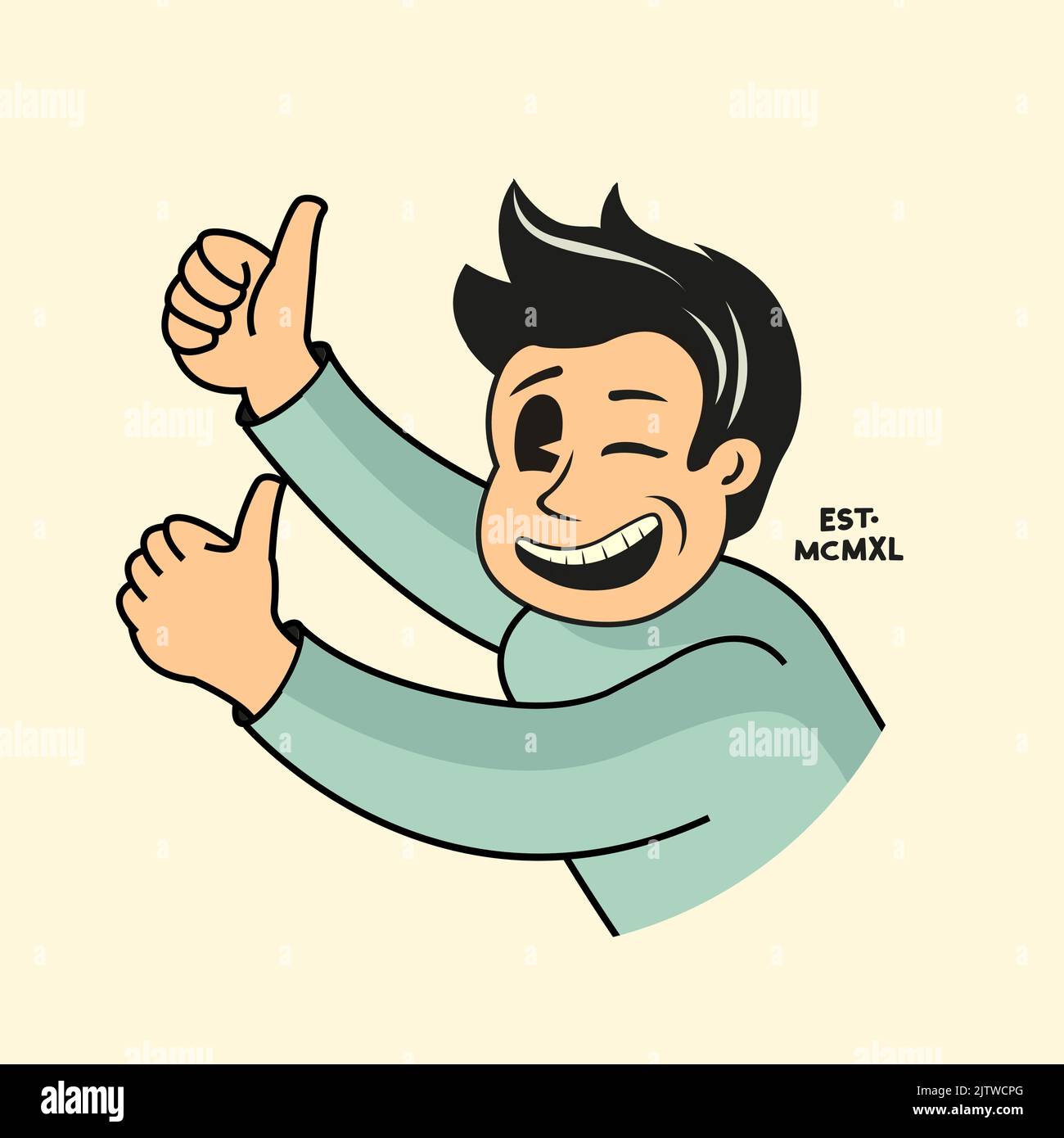 Vintage male character with two thumbs up and winking. Vector illustration Stock Vector