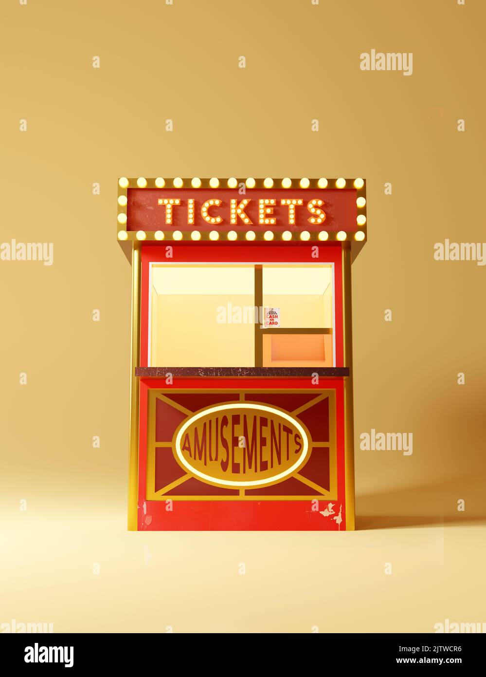 A vintage gold and red circus and performing arts ticket counter booth. 3D illustration. Stock Photo