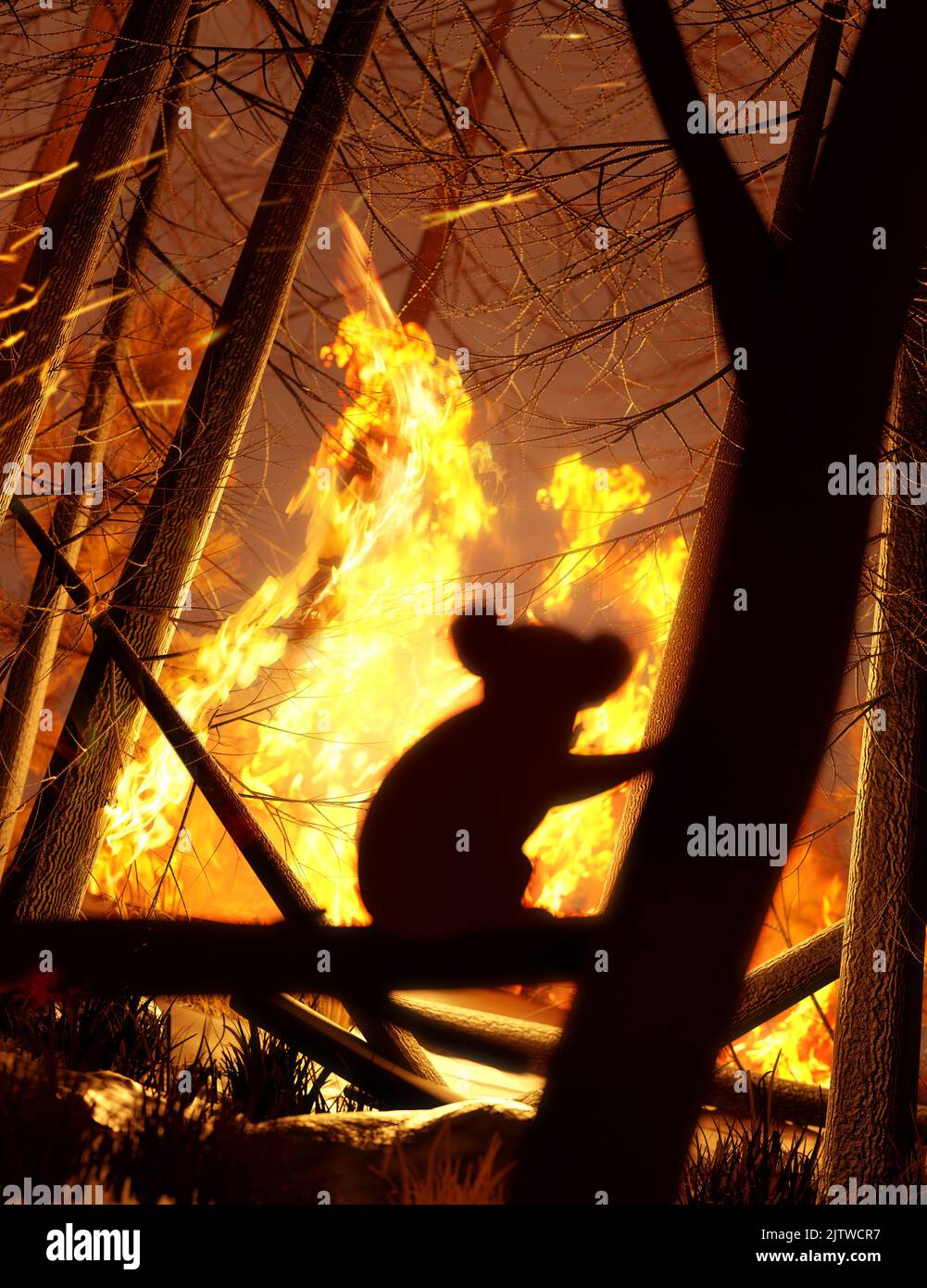 A koala bear watching and escaping a forest fire destroying its natural habitat. Climate change and extreme weather events 3D illustration. Stock Photo