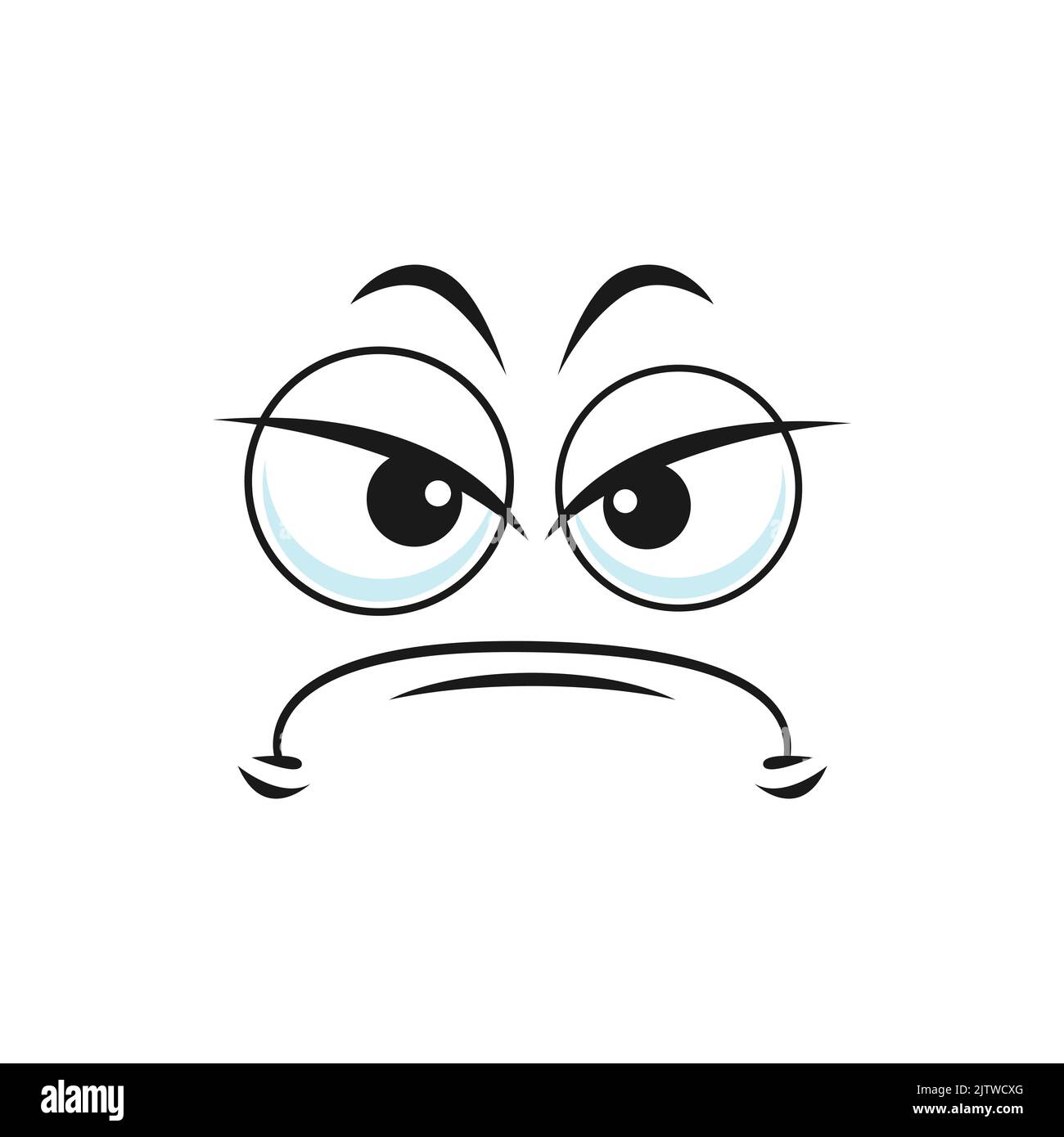 Cartoon face negative expression, vector displeased emoji with squinted eyes look sullenly and closed mouth with corners curved down. Sullen facial em Stock Vector