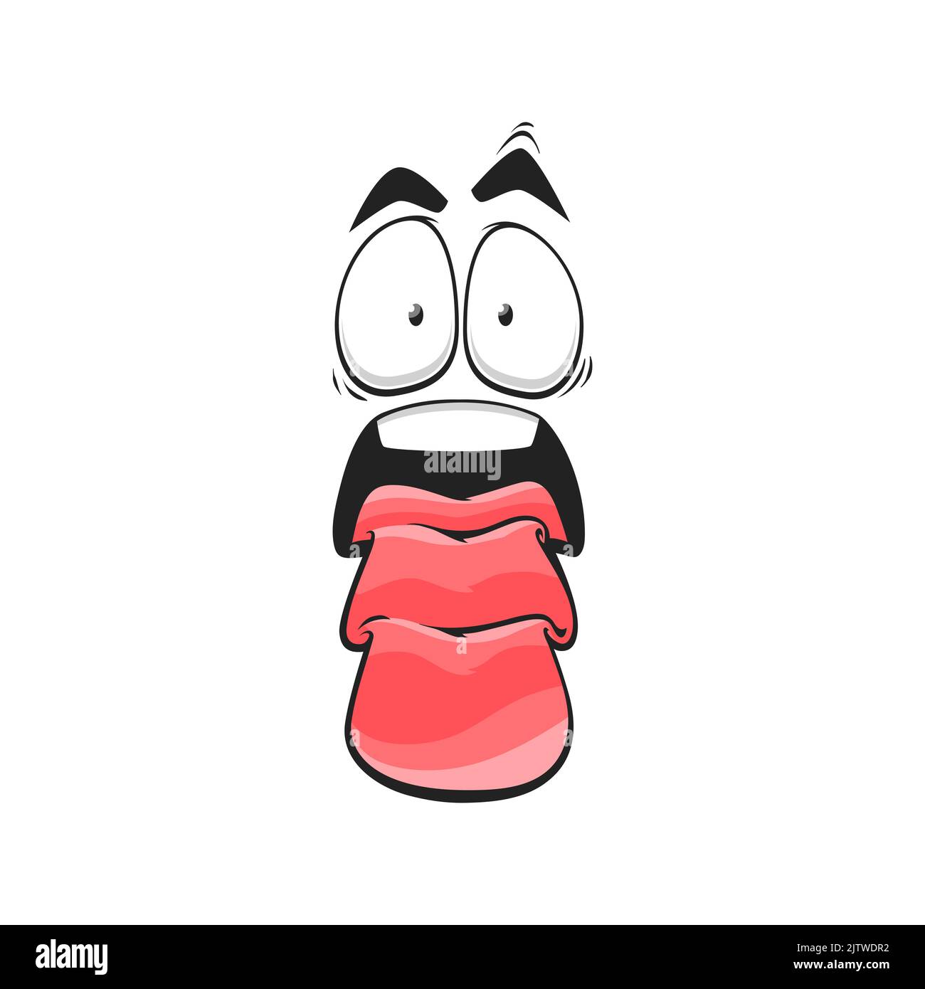 Cartoon shocked face with long folded tongue, funny vector character, astonished emoji. Dumbfounded facial expression with wide open mouth and goggle Stock Vector
