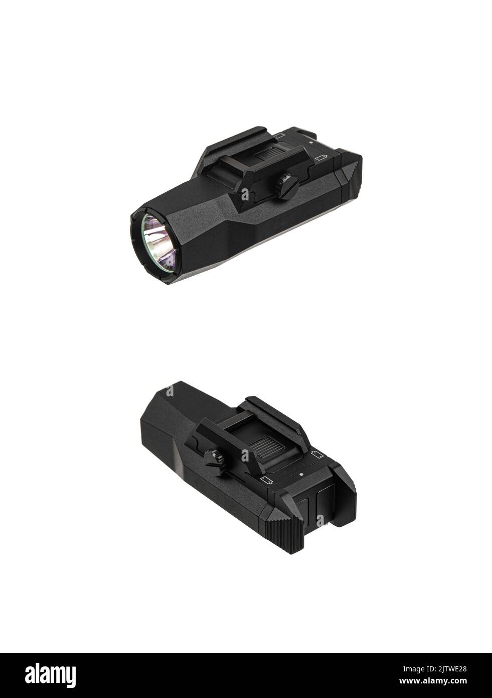 Modern LED flashlight with weapon mount. Underbarrel tactical
