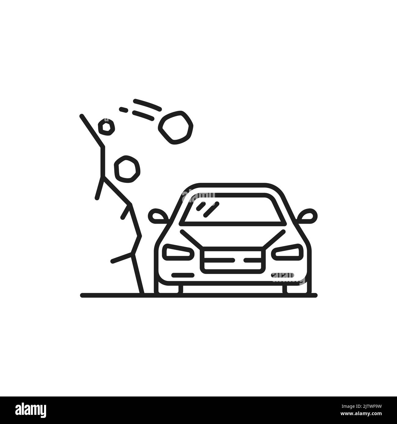 Car damage in rock fall line icon. Car collision, vehicle damage in earthquake natural disaster outline vector sign, automobile insurance risk line pictogram with stones falling from cliff on car Stock Vector