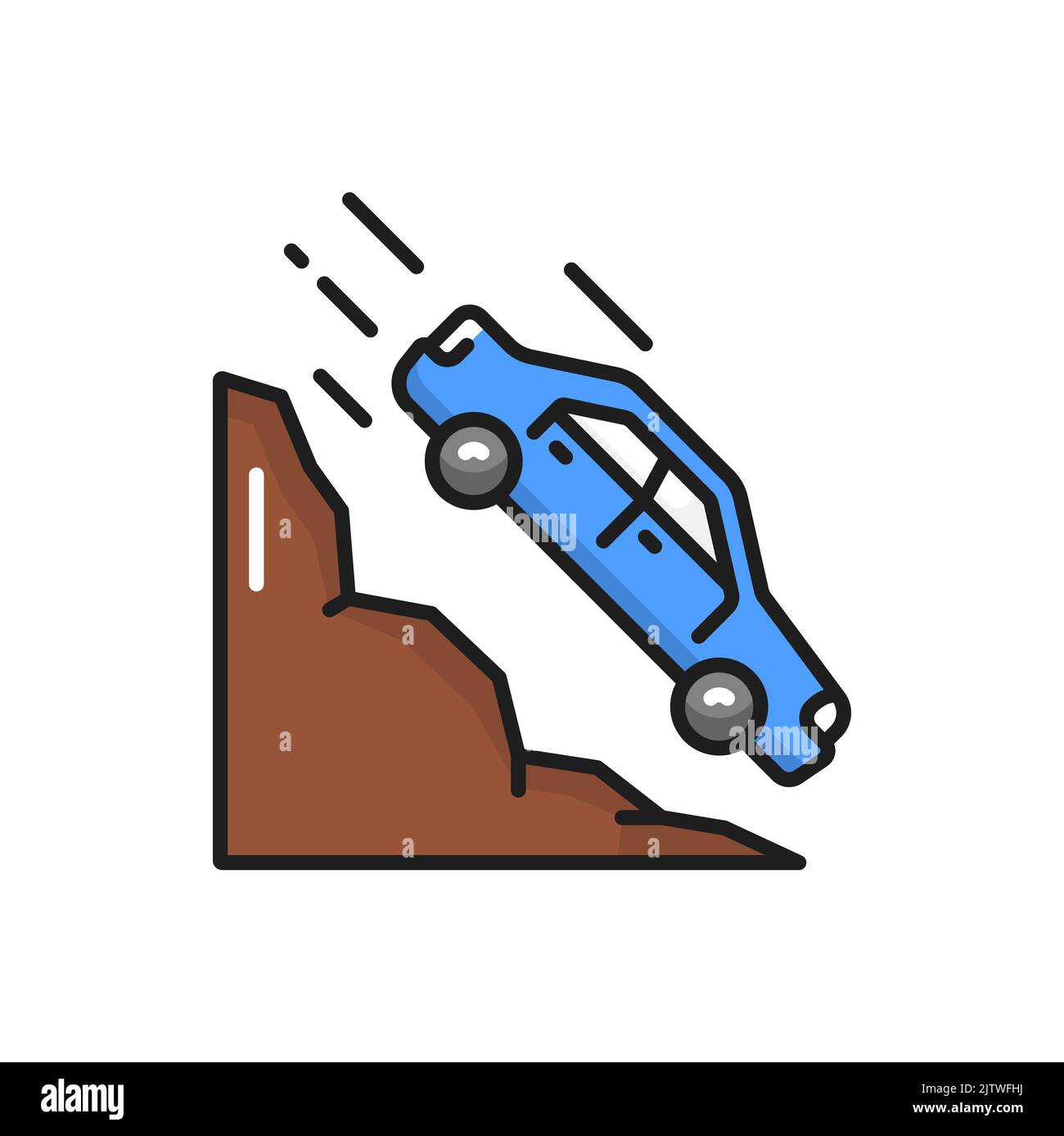 Car falling down from rock or cliff, landslide natural disaster isolated color line icon. Travel road warning sign, automobile falling down from cliff Stock Vector