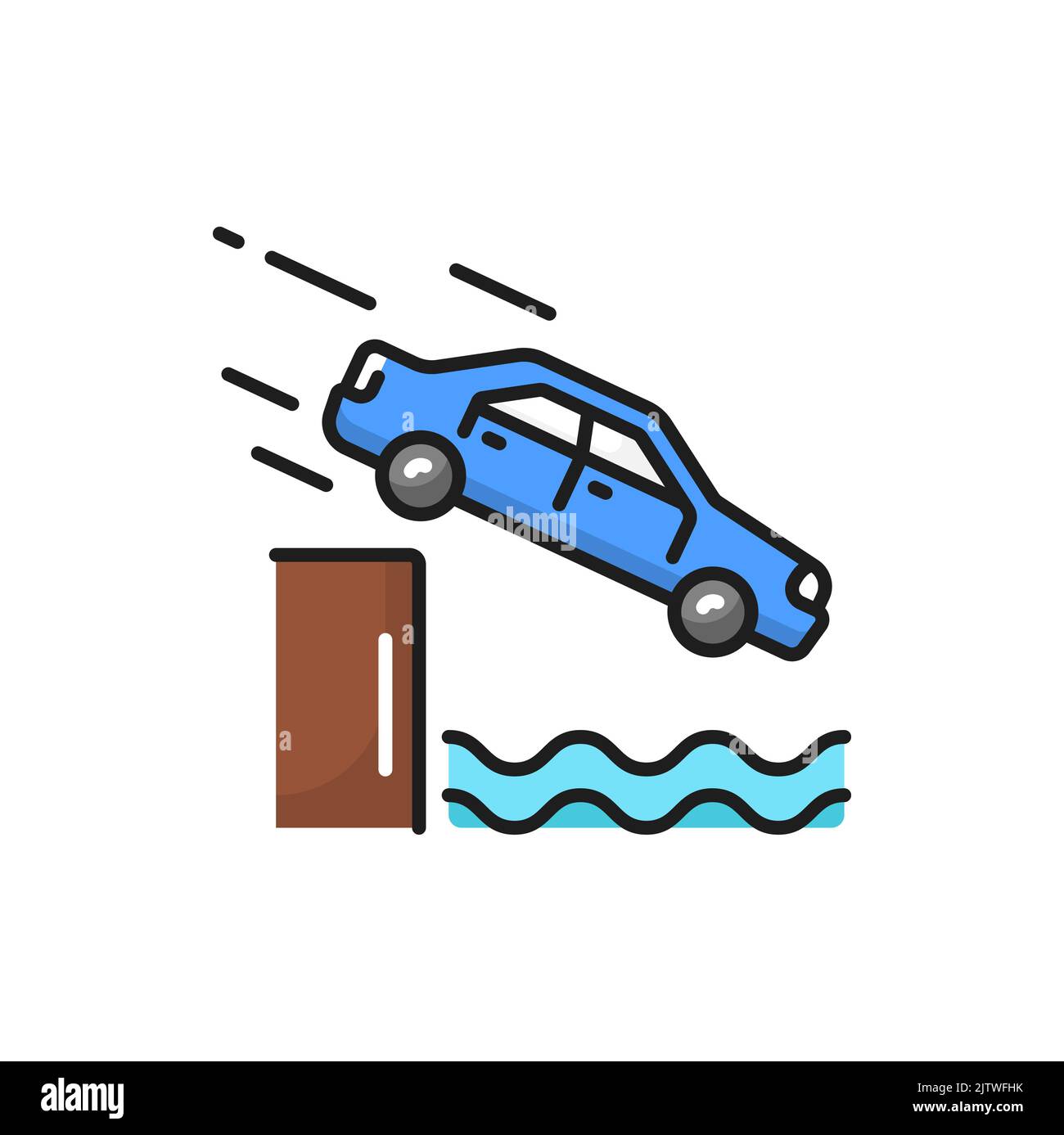 Unprotected quayside or riverbank, isolated car falling down the river, vector color line icon. Accident automobile falling from slope into water Stock Vector