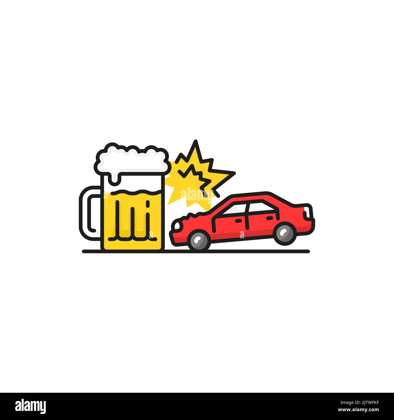 Drunk driver, isolated crashed car into beer glass line icon. Accident