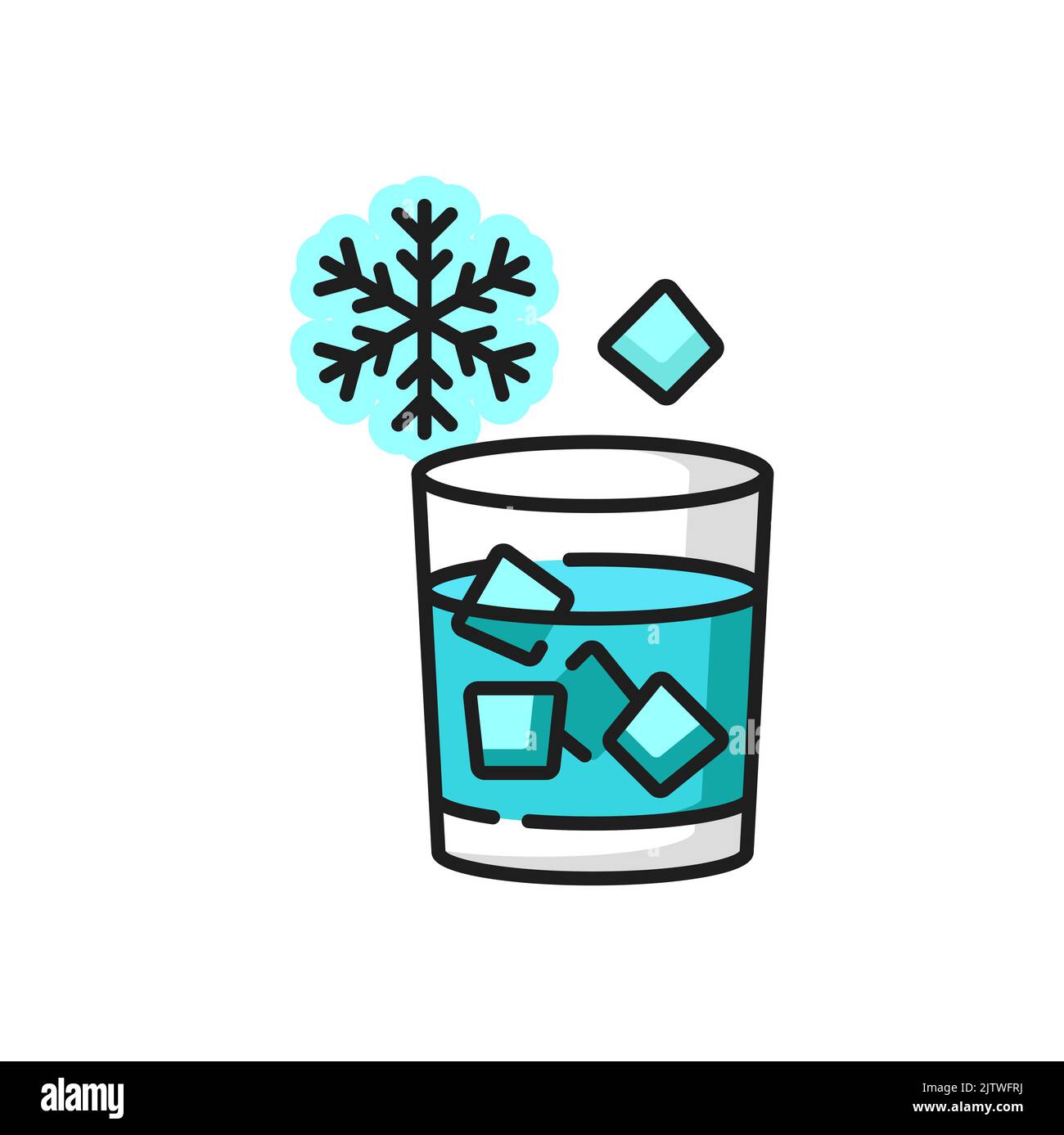 Glass with cold water and ice cubes isolated outline sign. Vector