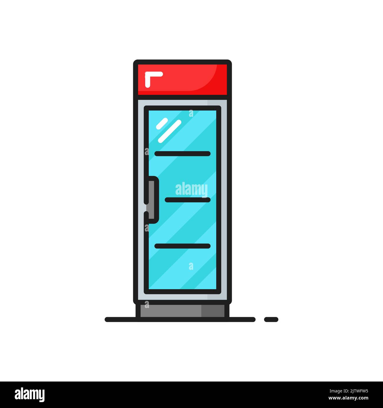 Modern shop refrigerator, industrial fridge, bar chiller isolated color line icon. Vector water drinks freezer with glass door, vertical fridge showcase with display in grocery store, supermarket cafe Stock Vector