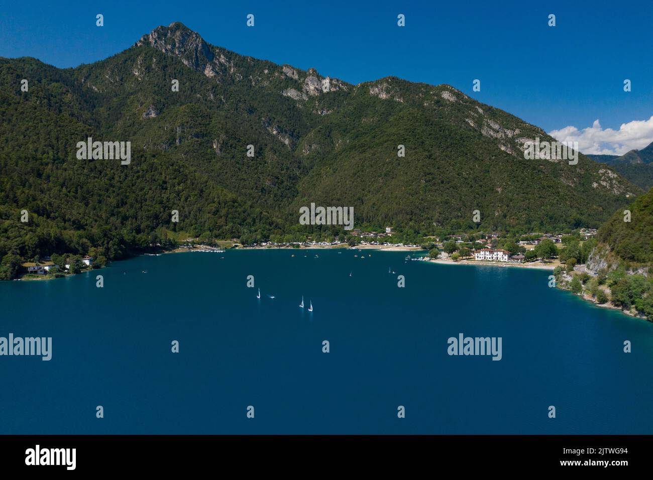 view of the shore of Lake Ledro, hotel lido Stock Photo
