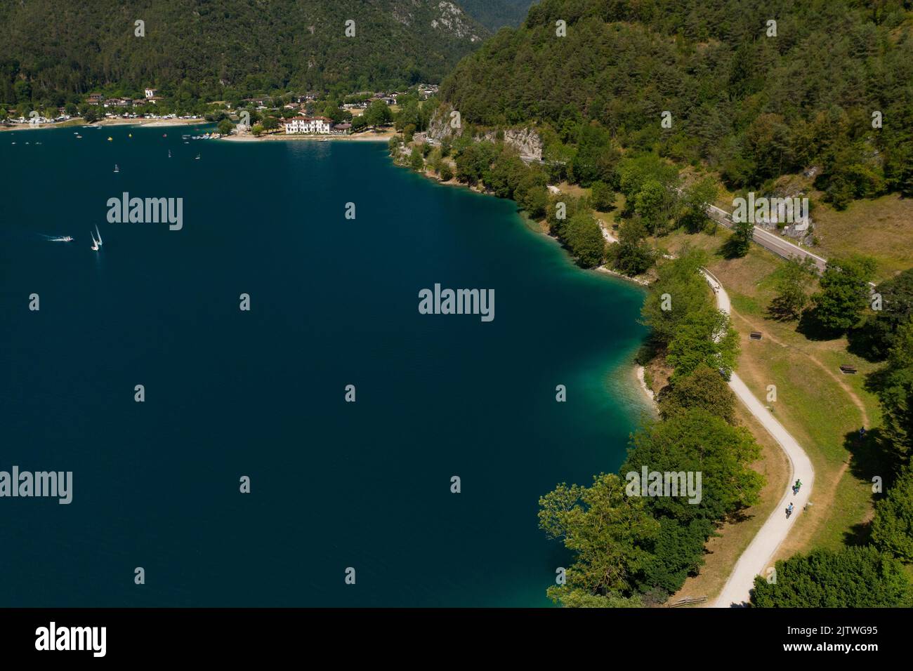 view of the shore of Lake Ledro, hotel lido Stock Photo