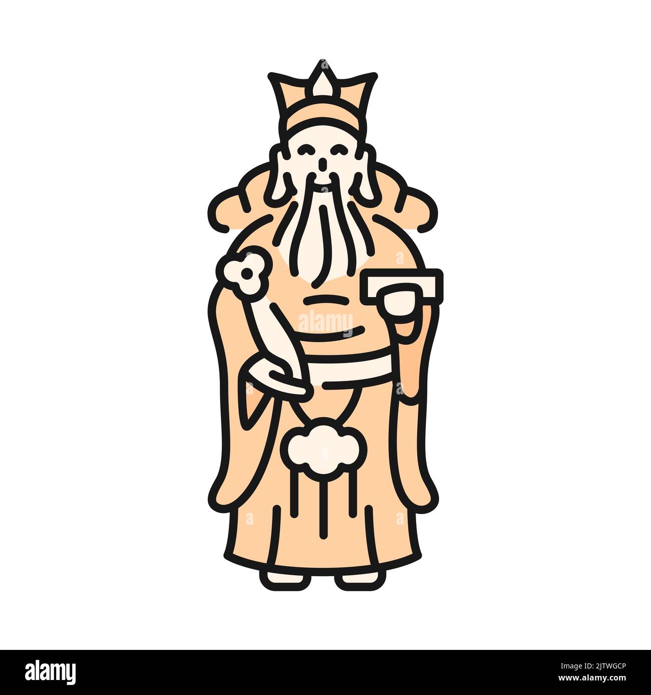 Marble wukong statue, chinese king with beard icon. Vector Xuanzang monkey king, marble wukong statue. China literary old man hold scroll and pen book Stock Vector